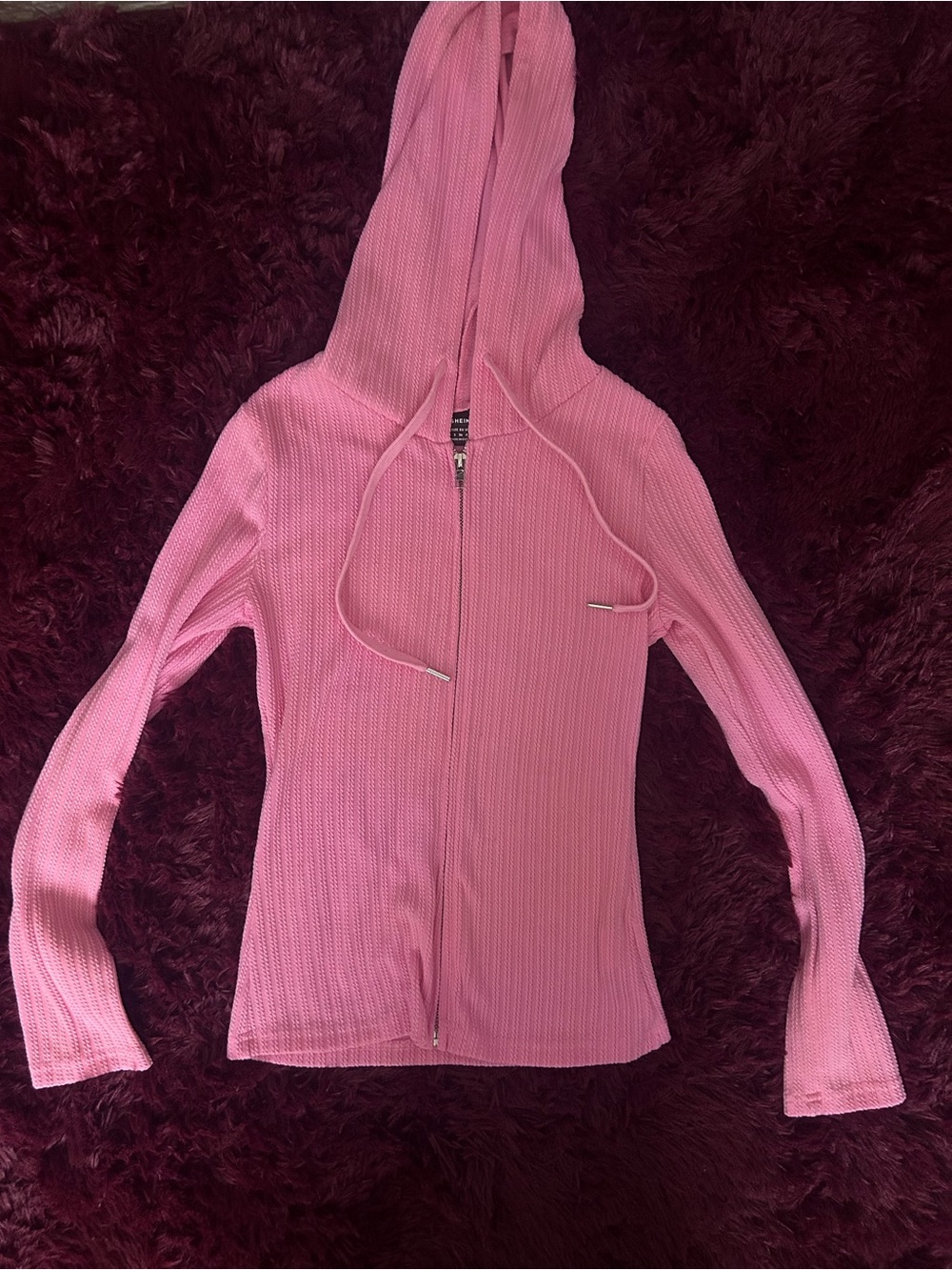 SHEIN Pink Waffle Zip-Up Hoodie with Drawstring